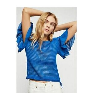 Free People Electric Blue Crochet Flutter Sleeve Top